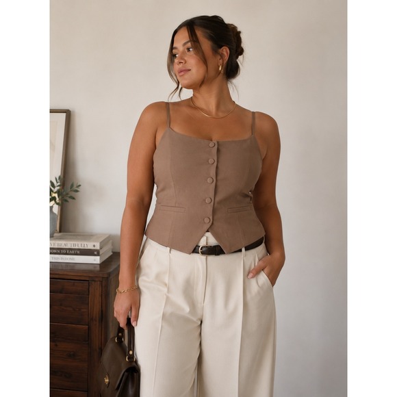 Sincerly Jules Jackets & Blazers - Sincerely Jules Taupe Button Front Tailored Cami Vest Top XL Quiet Luxury